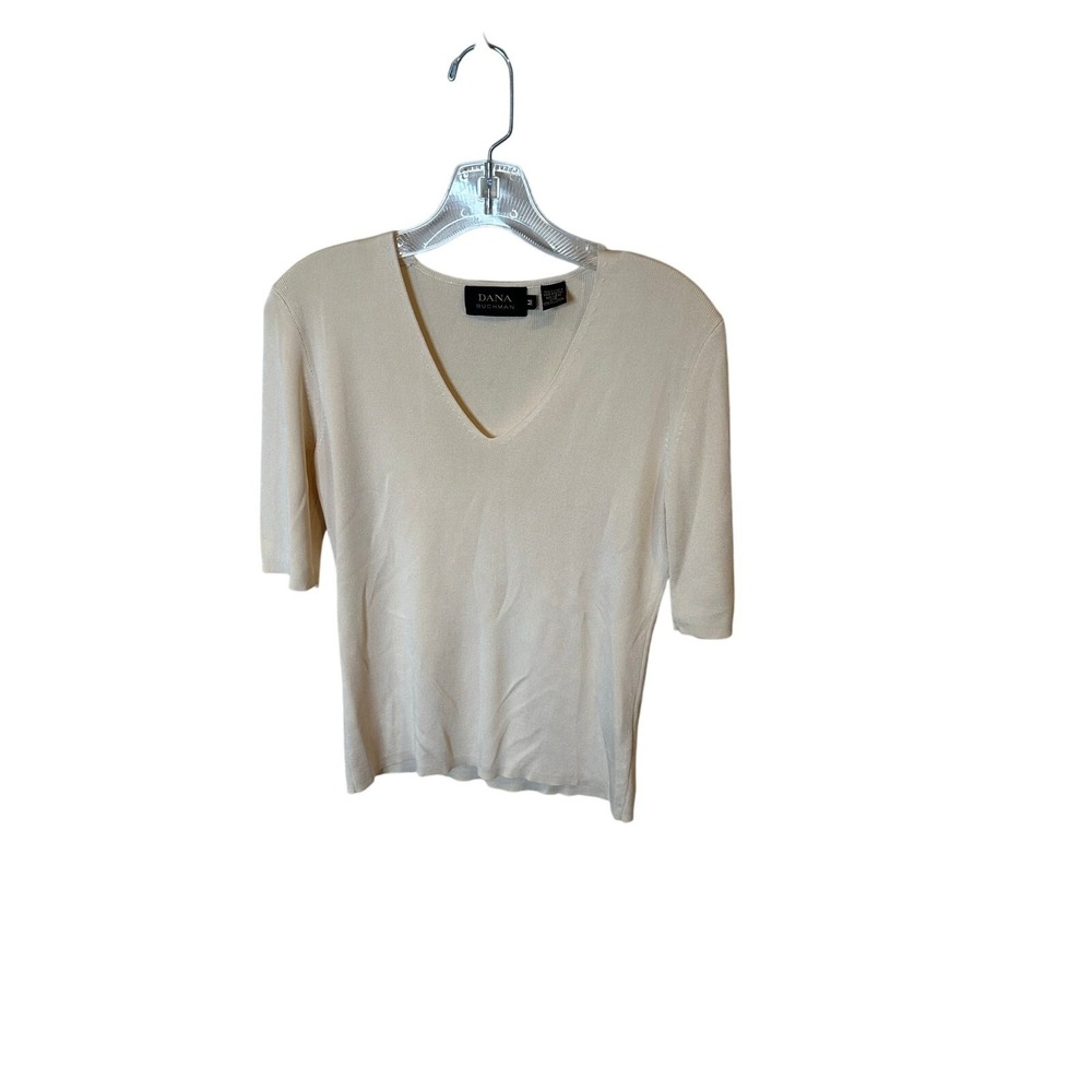 Dana Buchman‎ Womens 100% Silk Ribbed Knit V-Neck Short Sleeve Top Cream Medium